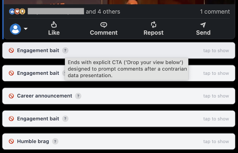 LinkedIn post filtered by CleanedIn as AI-generated content