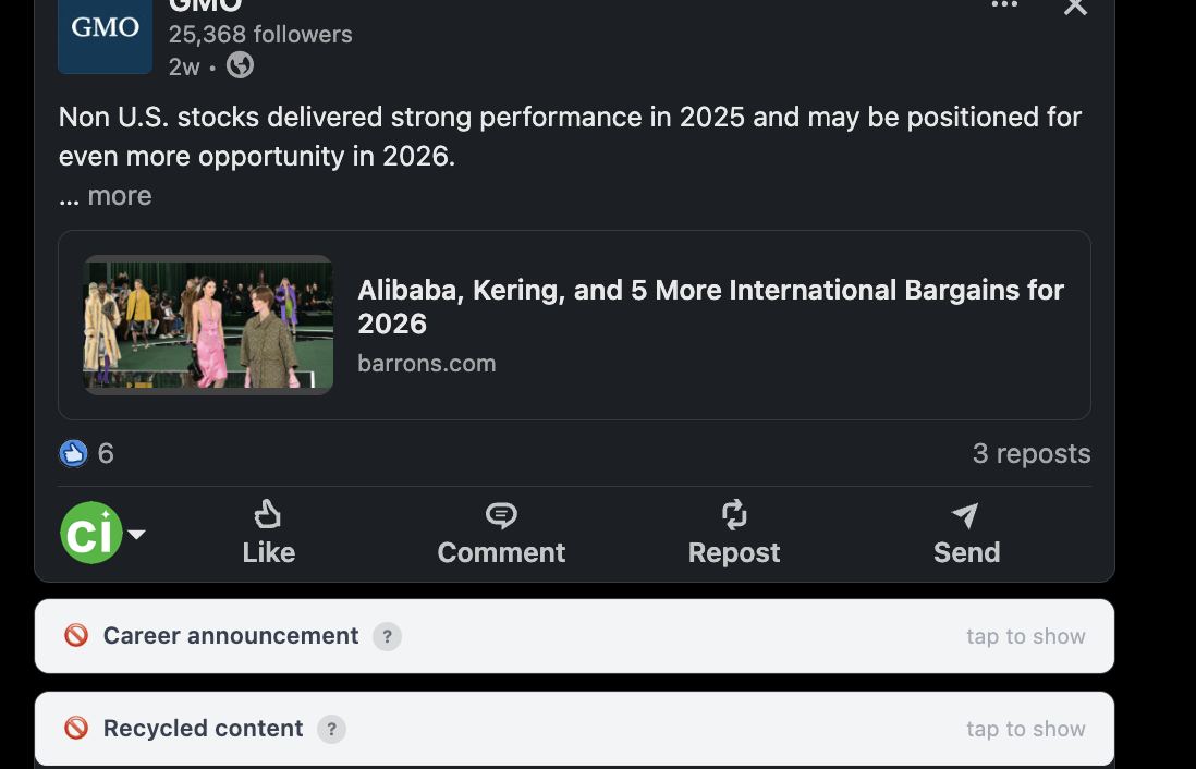 LinkedIn post filtered by CleanedIn as empty inspiration
